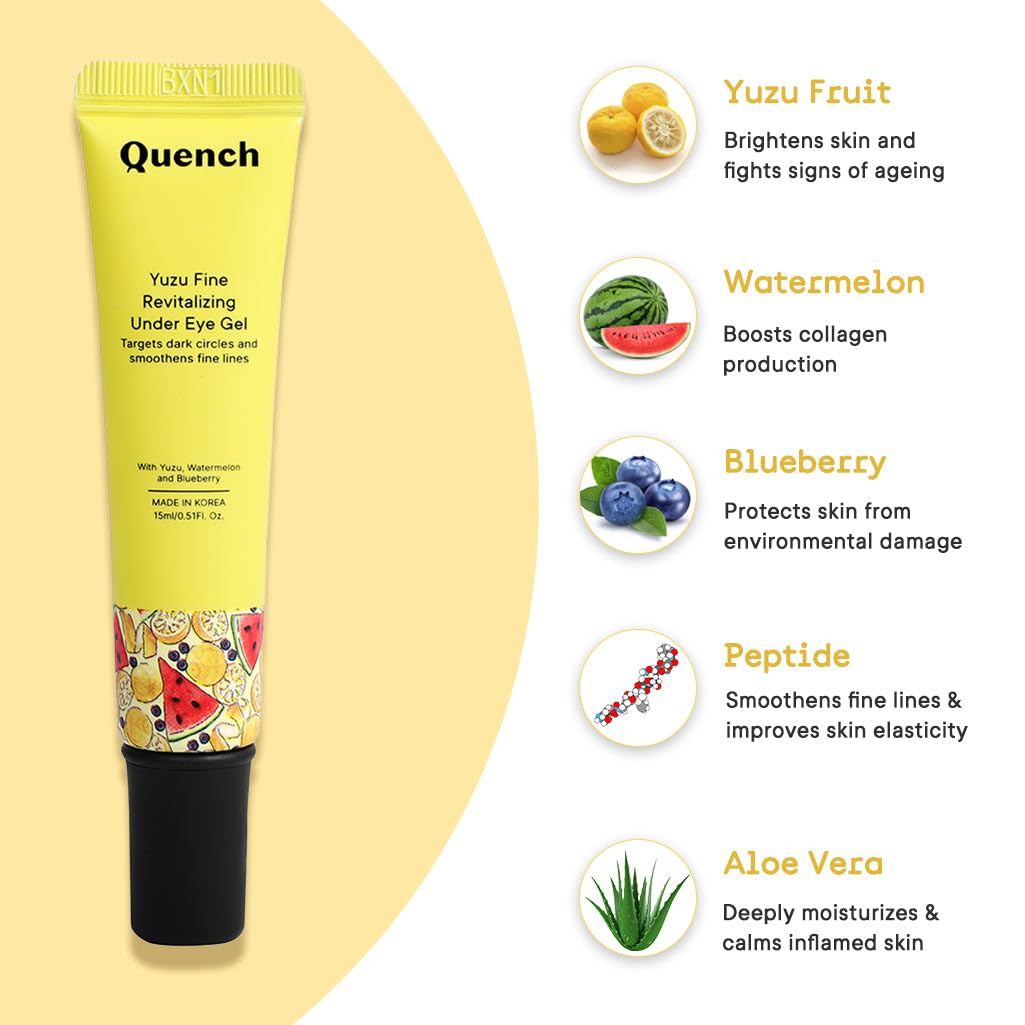 QUENCH BOTANICS Vitamin C Revitalizing Under Eye Gel with Yuzu Lemon Extracts | Instantly Brightens Under Eye | Reduces Dark Circles, Puffiness & Fine Lines | Made in Korea (15ml)