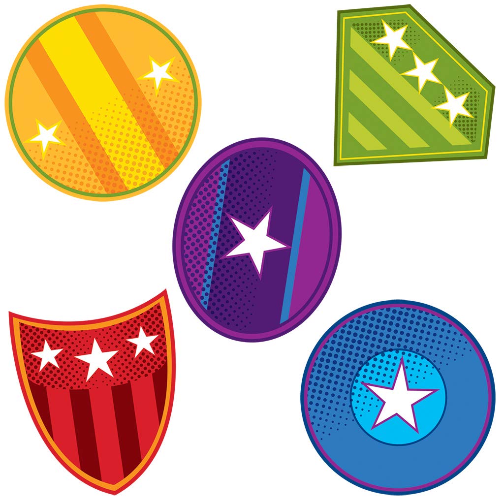 Carson Dellosa 36 Mini Super Heroes Shield Cutouts, Colorful Hero Action Sign Cutouts for Classroom, Super Hero Cutouts for Bulletin Board, Hero Theme Party, and Comic Superhero Classroom Décor Shields