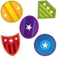 Carson Dellosa 36 Mini Super Heroes Shield Cutouts, Colorful Hero Action Sign Cutouts for Classroom, Super Hero Cutouts for Bulletin Board, Hero Theme Party, and Comic Superhero Classroom Décor Shields