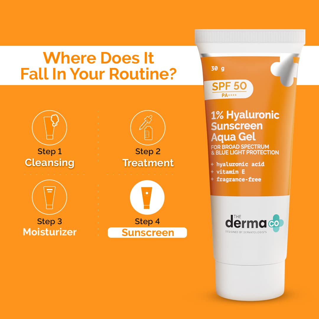 The Derma Co 1% Hyaluronic Sunscreen Aqua Gel SPF 50 PA++++ I For Oily, Dry, Acne-prone Skin | Ultra Lightweight Texture I Non-Greasy I No White Cast | Broad Spectrum Protection & Blue Light Protection | For Men & Women | 30 g