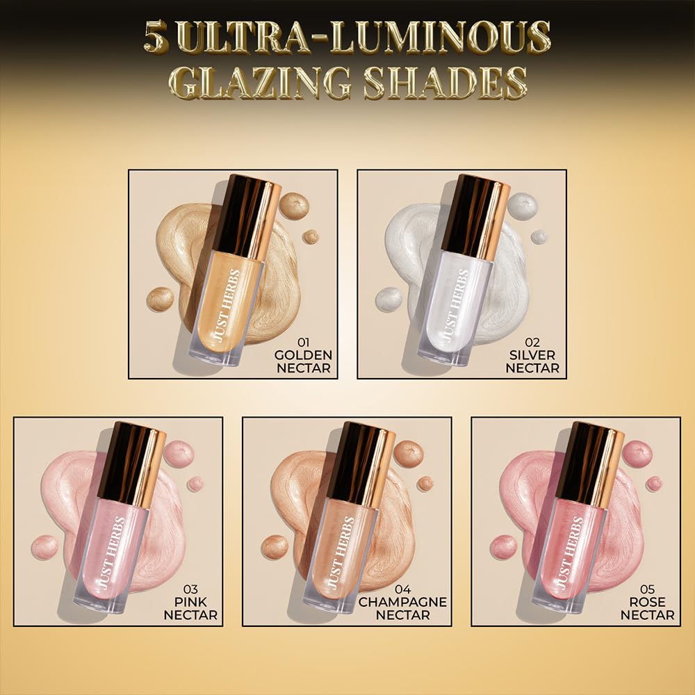 Just Herbs Glaze Rose Nectar Ultra Radiance | Ultra Shimmery Shine | Long Stay | Mess Free | Dewy Finish with Shea Butter and Aloe Vera Liquid Highlighter | All Skin Types | For Women 6g