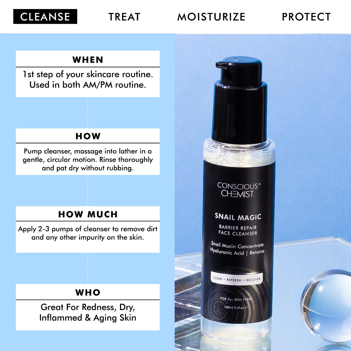 Conscious Chemist Snail Mucin Face Wash | 100ml | Cleanser for Face for Women & Men, Low pH Gel with Korean Snail Mucin Concentrate, Hyaluronic Acid & Betaine, All Skin Types - Snail Magic