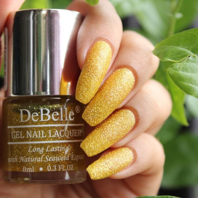 DeBelle Gel Nail Polish Pegasus (Lime Yellow with Gold Glitter Sugar Finish Nail Paint)|Non UV - Gel Finish |Chip Resistant | Seaweed Enriched Formula| Long Lasting|Cruelty and Toxic Free| 8ml