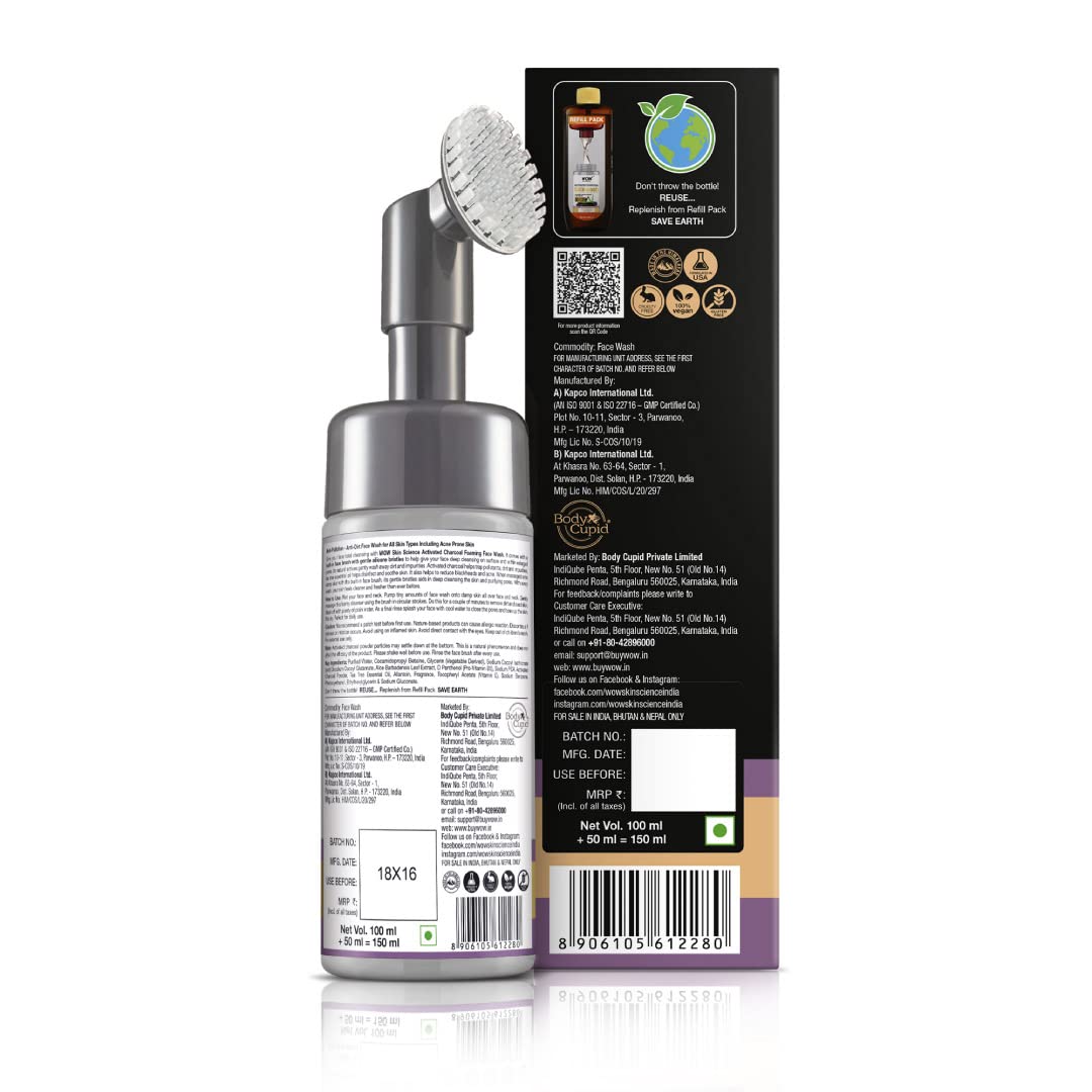 WOW Skin Science Charcoal Foaming Face Wash | Built in Brush for Deep Cleansing | All Skin Types | Fresh, Clear Skin | Paraben & Sulphates Free | For Women & Men | 150 ml