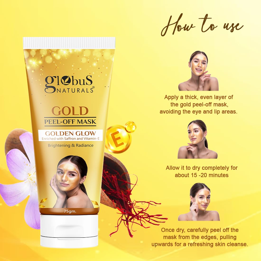 Globus Naturals Gold Peel Off Mask For Golden Glow, Enriched with Saffron & Vitamin-E, Brightening & Radiance, Suitable For All Skin Types, 75 g (Pack of 3)