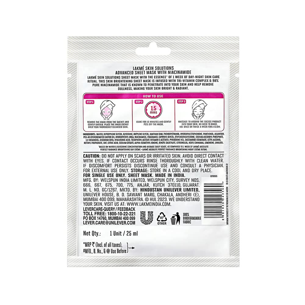 Lakmé Skin Solutions Sheet Mask Brightening With Niacinamide 25Ml, Pack Of 2