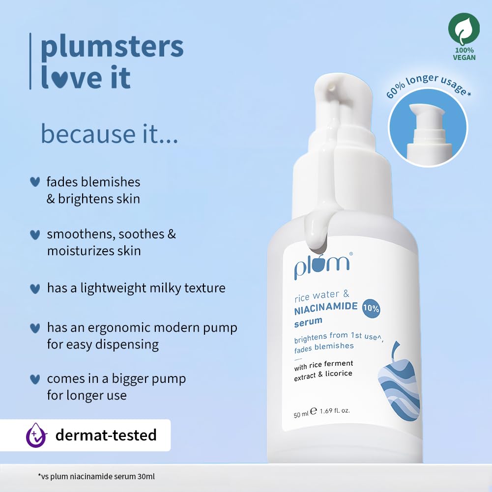 Plum 10% Niacinamide Face Serum For Clear, Bright Skin | Fades Blemishes & Acne Marks| With Rice Water | Lightweight & Quick-absorbing| Dermatologically Tested | All Skin Types | Women & Men | Fragrance-Free | 100% Vegan | 50ml