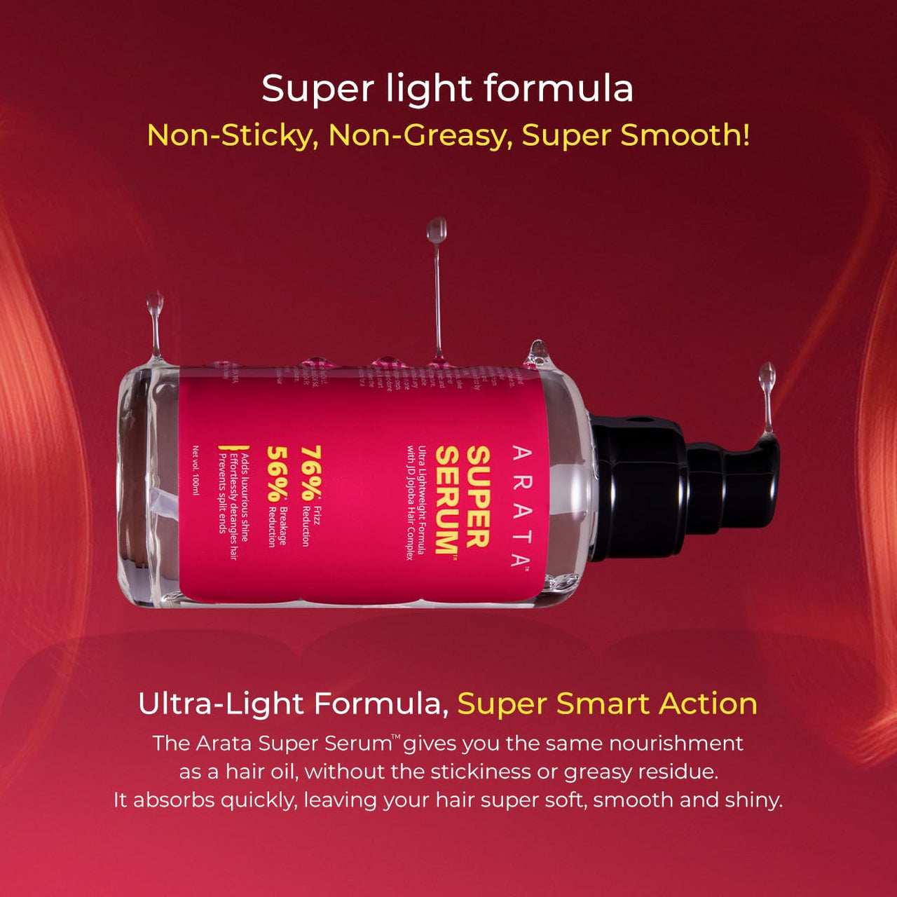 Arata Super Serum™ For Dry & Frizzy Hair | 76% Frizz Reduction | 56% Breakage Reduction | Luxurious Shine | Prevents Split Ends | Powered By JD Jojoba Hair Complex | Hair Serum For Women & Men |100ml