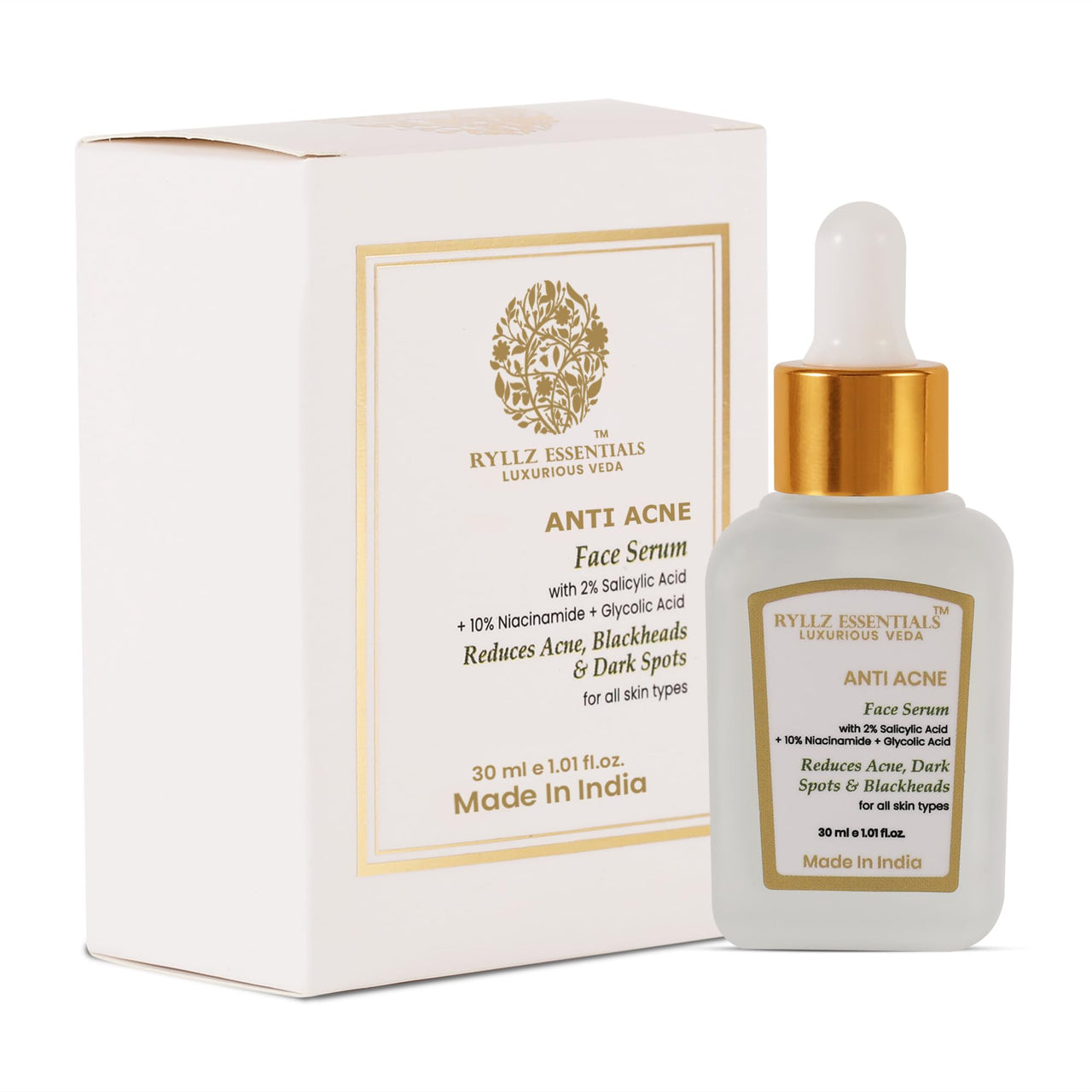 RYLLZ ESSENTIALS Anti-Acne Face Serum | with 2% Salicylic Acid, 10% Niacinamide, 3% Glycolic Acid, Hyaluronic Acid, Neem Extract & Basil Extract | For Acne, Blackheads, Dark Spots, Oil Control & Open Pores | 30ml