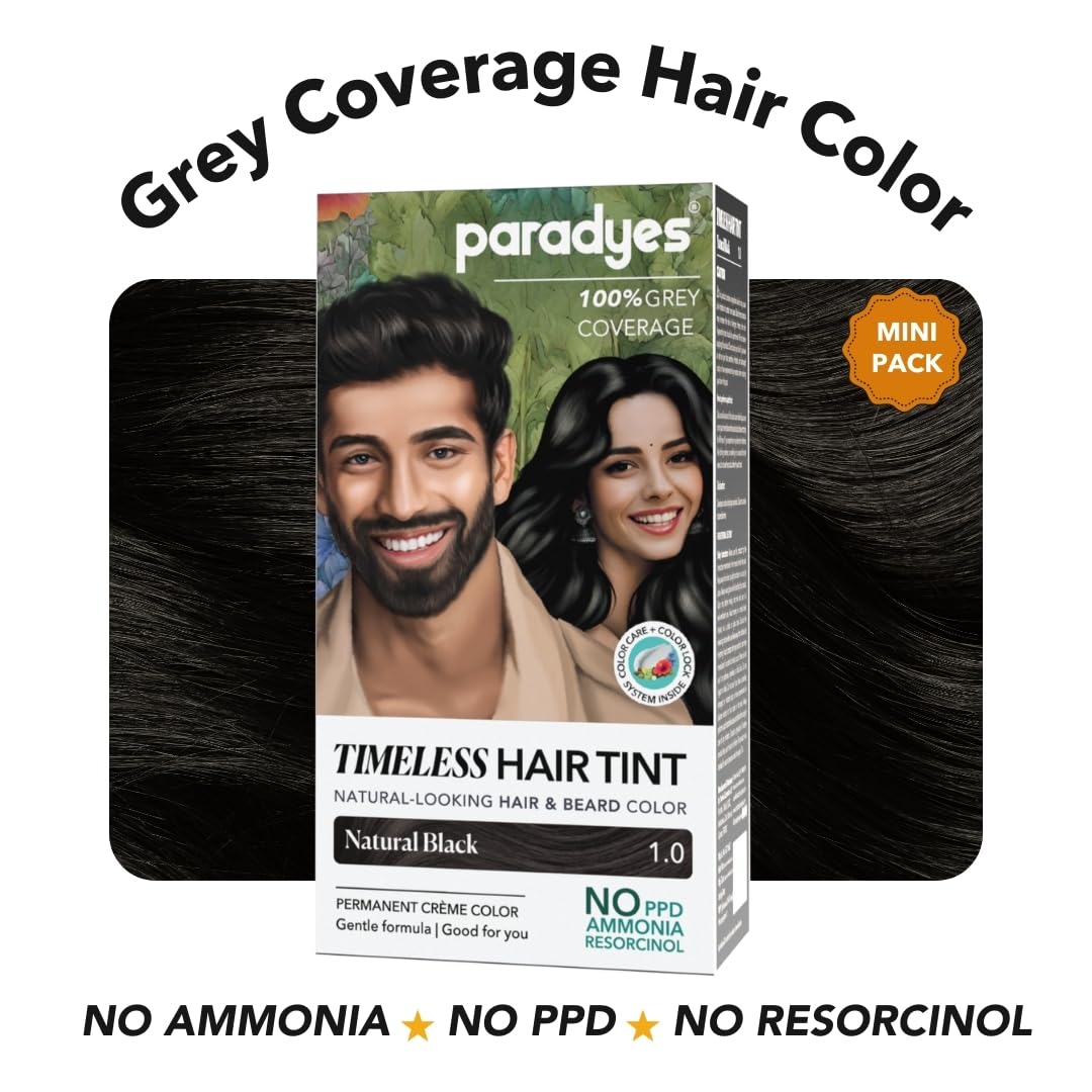 Paradyes Mini Natural Black Timeless Hair Tint, Permanent Crème Hair Color for Hair & Beard, Complete Grey Coverage, Formula Free from PPD, Ammonia, & Resorcinol, 1.0 Natural Black, 60 GRAM