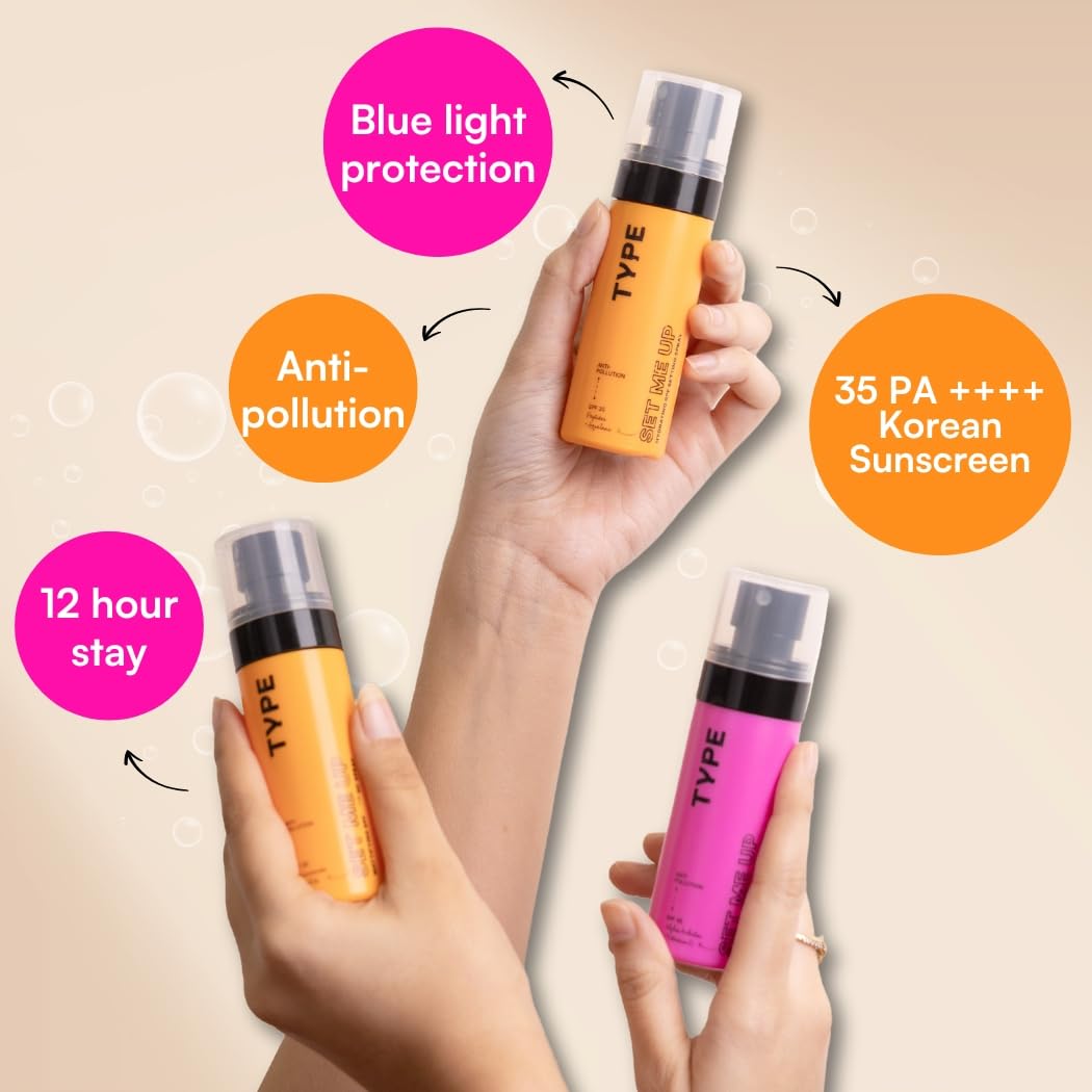 TYPE BEAUTY INC. Hydrating Setting Spray with SPF 35 PA++++ | 12Hr Long-Lasting & Hydrating | Dewy Finish for Fine Lines & Wrinkles | Anti-Aging | Lightweight & Refreshing | Makeup Fixer | 60ML