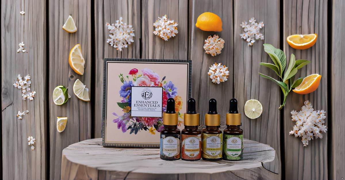 Luxurious Essential Oil Box of 4 by Enhanced Essentials - LEMON,SWEET ORANGE,PEPPERMINT,CAMPHOR|100% Pure,Natural& Highly Concentrated|Therapeutic grade|With individual glass droppers| Ultra Premium Grade Oils Set for Home Diffusers, Skin, Aromatherapy, B