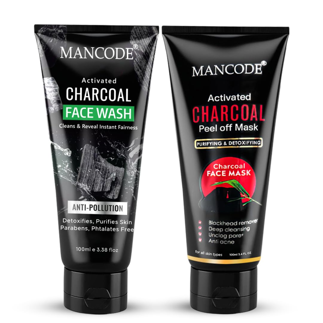 Mancode Activated Charcoal Face Wash & Charcoal Peel-Off Mask Combo for Men | Deep Cleansing, Oil Control & Detox | Minimizes Pores & Boosts Radiance | 100ml Each| Pack of 2