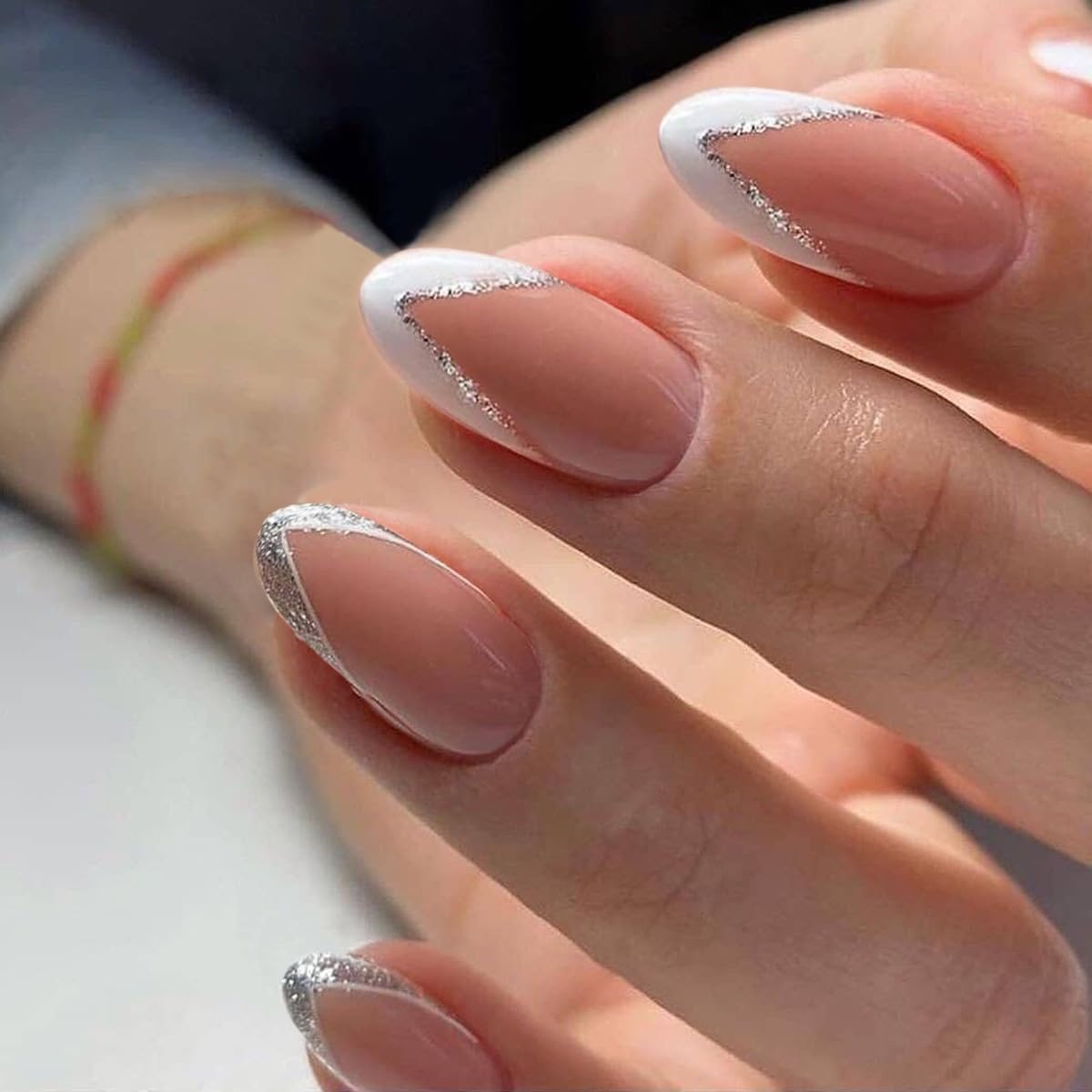 Gush Beauty Press On Nails | Reusable Nail Extensions | Artificial Fake Nails Set | For women (Shimmery French Tips - Medium Round)