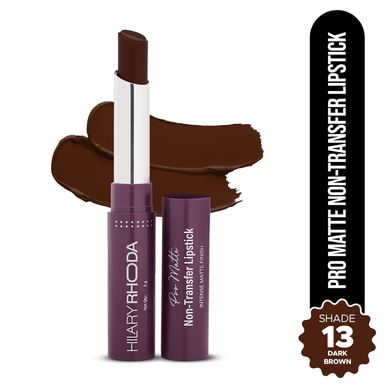 Hilary Rhoda Pro Matte Non-Transfer Lipstick | Waterproof & Smudge-Proof | 12-Hour Long Stay | 24 Shades Available | Highly Pigmented Matte Finish Lipstick | 2g - (Dark Brown | Shade 13)