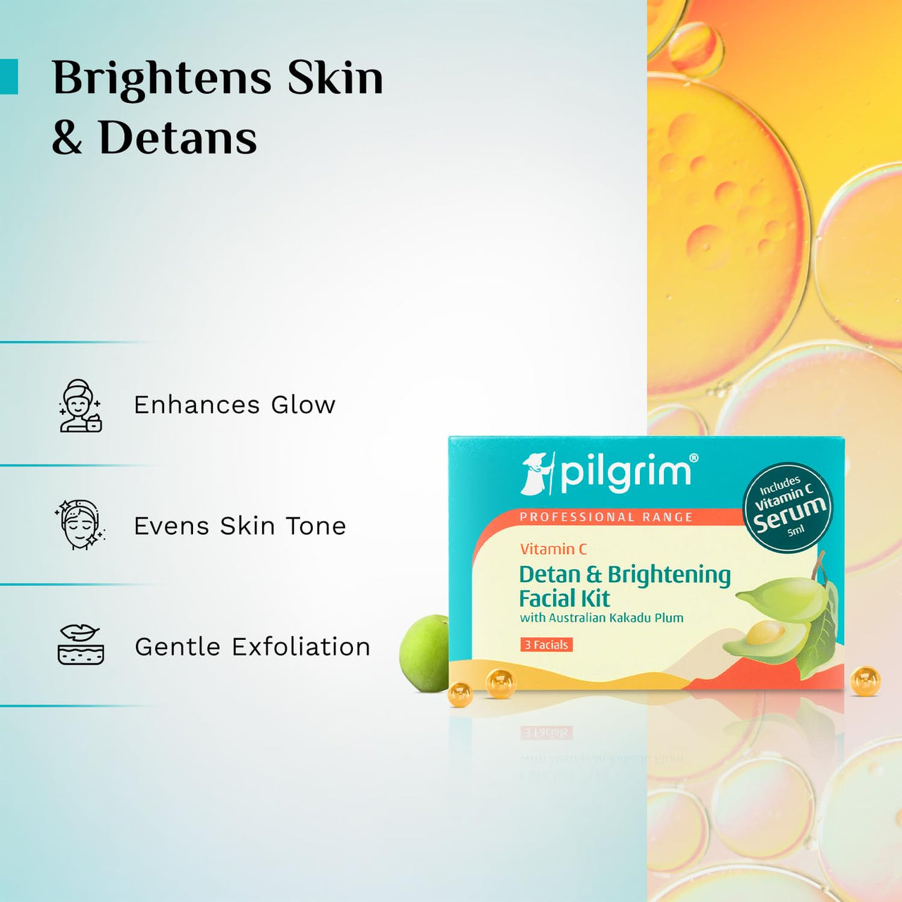 Pilgrim Vitamin C Detan & Brightening Facial Kit with Australian Kakadu Plum | Reduces Tan, Smoothens & Brightens Skin | Facial kit for glowing skin with Vitamin C Serum 5ml | All Skin Types |