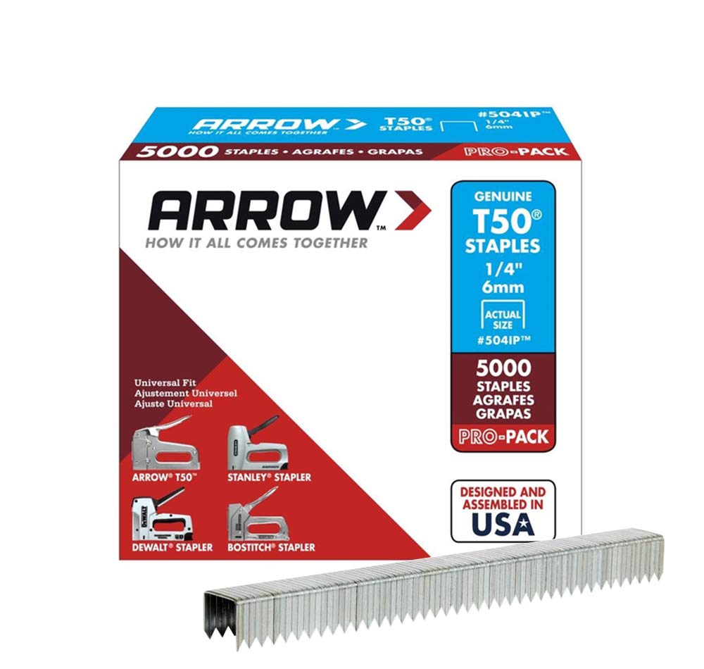 504IP Heavy Duty T50 Staples for Upholstery, Construction, Furniture, Crafts, 3/8-Inch Crown Size, 1/4-Inch Leg Length, 5000-Pack