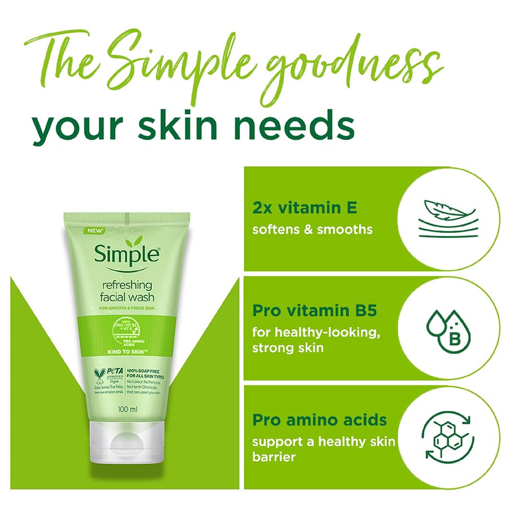 Simple Kind To Skin Refreshing Facial Wash 100 ml | 100% Soap-Free Facewash | For All Skin Types