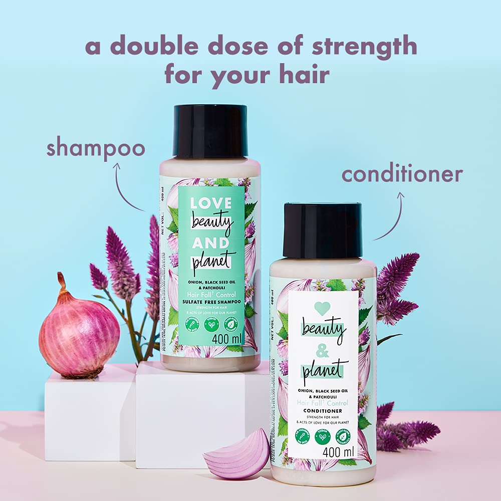 Love Beauty & Planet Onion Blackseed & Patchouli Hair Fall Control Combo with Sulfate Free Shampoo & Conditioner