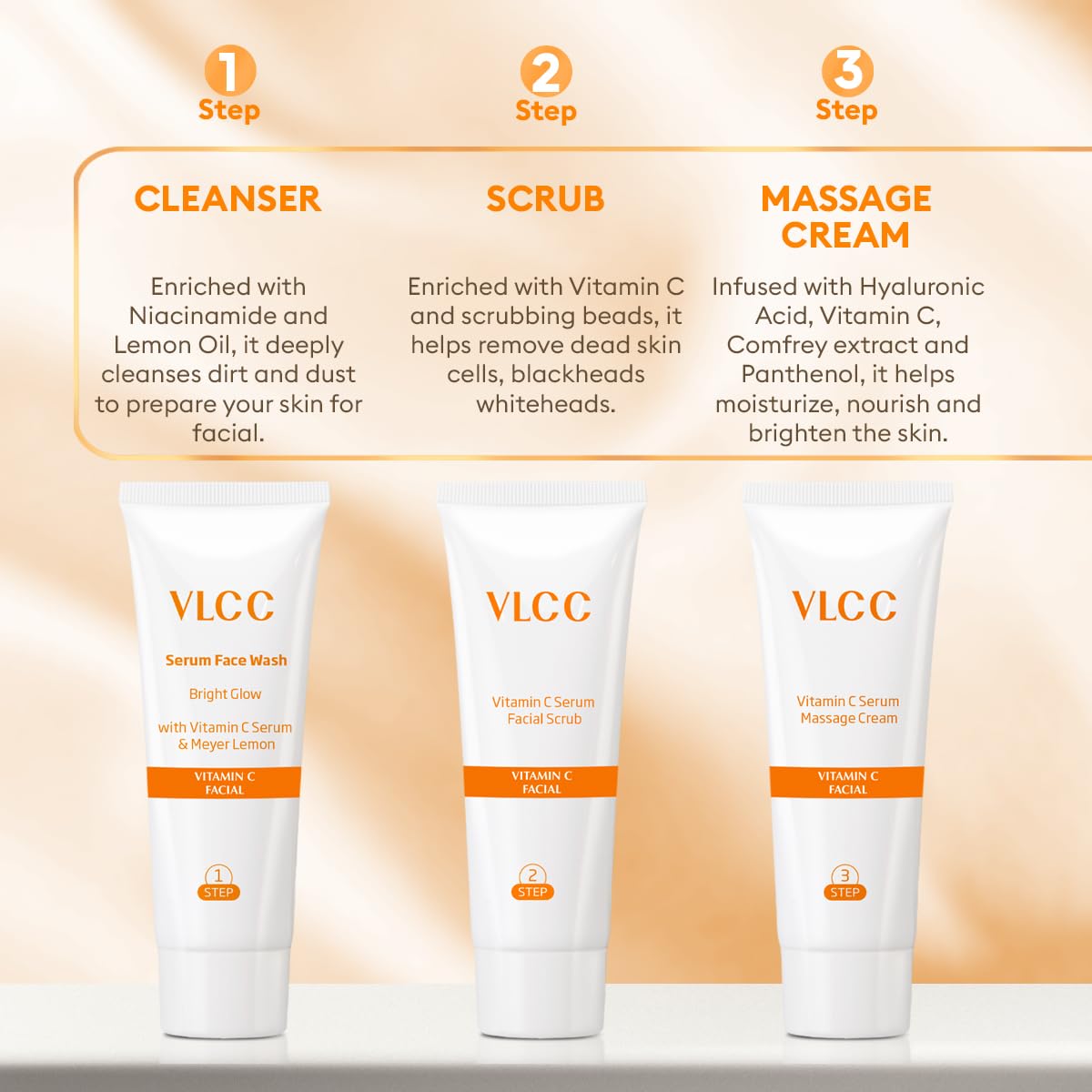 VLCC Vitamin C Serum Facial Kit - 135g | Skin Brightening Facial Kit | Skin Brightening Facial at Home | Fades Spots and Dullness | Vitamin C, Hyaluronic Acid & Ferulic Acid