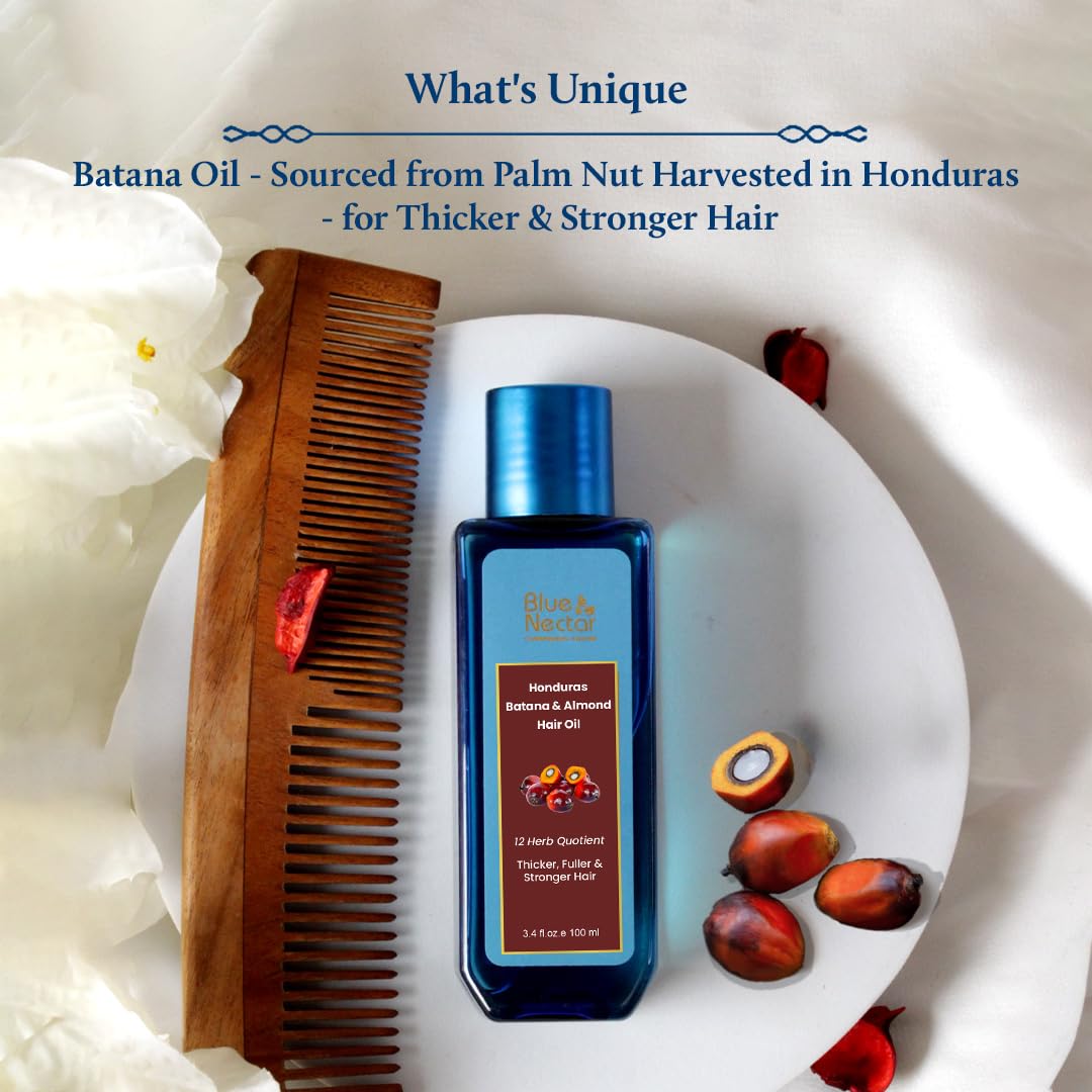 Blue Nectar Batana Oil for Thicker Hair | Pure Honduras Batana Oil for Hair Growth with Organic Almond Oil | Ayurvedic Hair Growth Oil for Stronger Hair (12 Herbs, 100 ml)