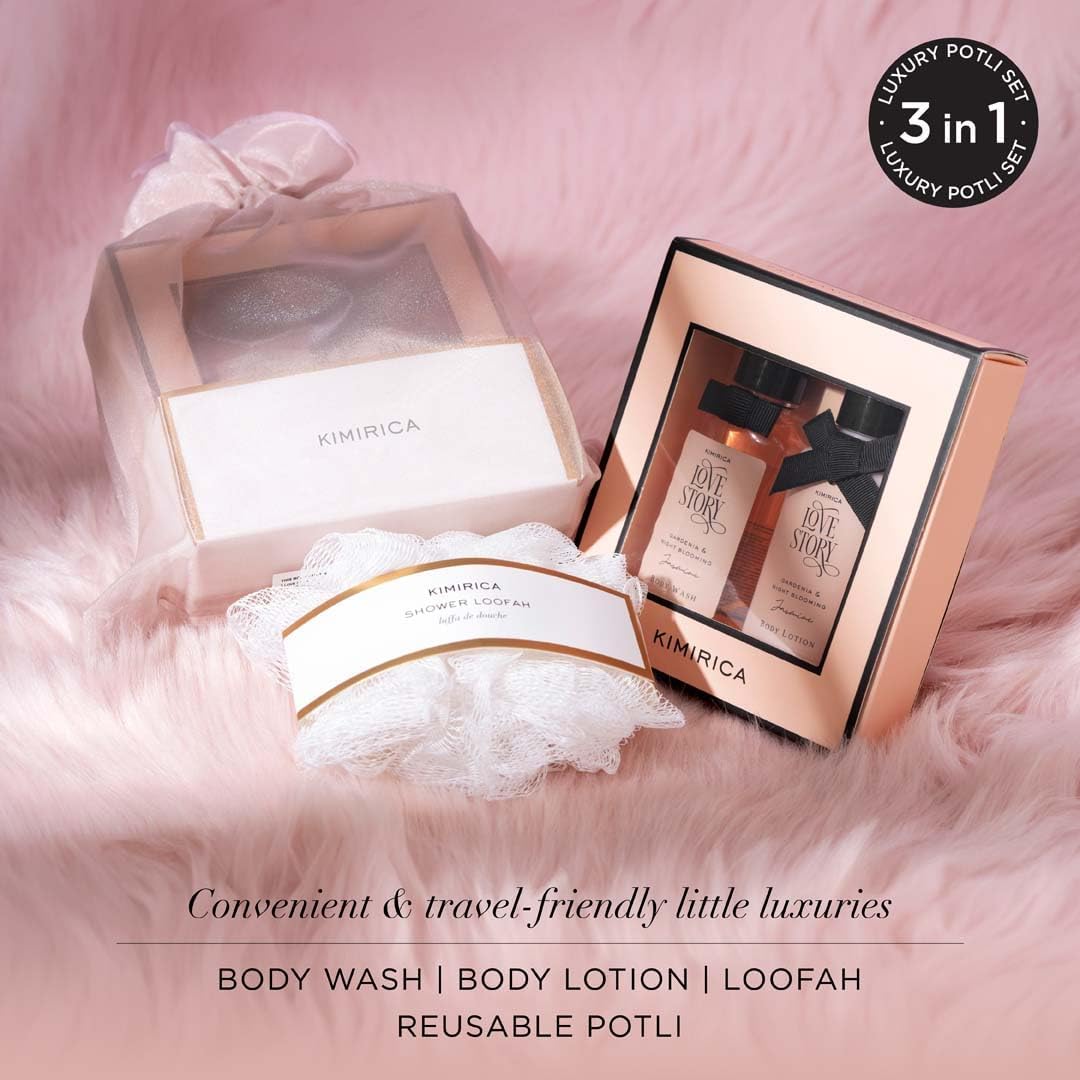 Kimirica gift set "Nothing But Love Duo" Potli | Return Gift for all Birthday & Special Occasions | Romantic notes of Gardenia and Night Blooming Jasmine Shower gel, Body lotion & Loofah Inside (Pack of 5)
