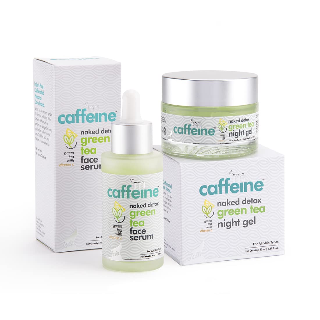mCaffeine Green Tea Night Hydration Routine with Face Serum & Night Gel | Enriched with Vitamin C | Soothing & Calming Aroma | Pack of 2