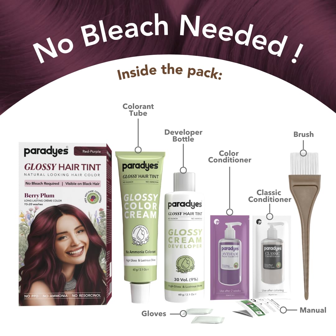 Paradyes No Bleach Berry Plum Glossy Hair Tint - Ammonia-Free for Natural Black Hair, Visible Results - Includes Anti-Fade Conditioner for Long-Lasting Shine, 1 Count