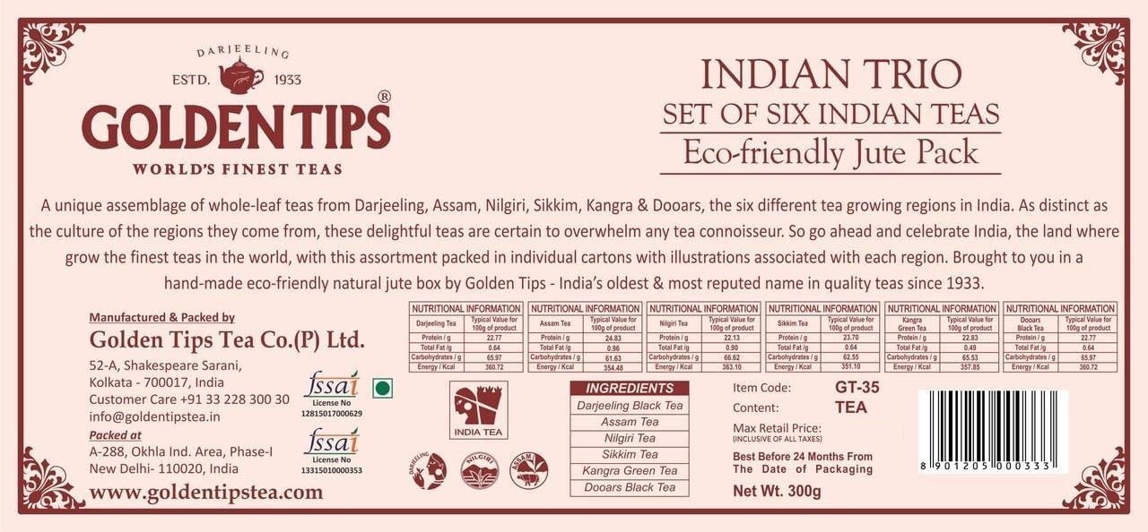 Golden Tips Finest Gift Box Loose Leaf Black Tea Darjeeling, Assam, Nilgiri, Sikkim, Kangra and Dooars, Gourmet Tea in Eco-Friendly Packaging, Gift for Festive Gifting, Birthdays & Corporate Gift