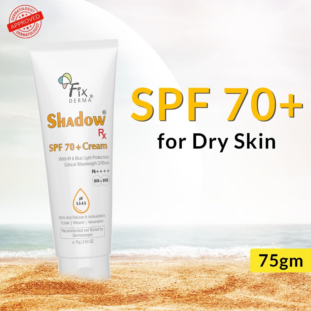 Fixderma Shadow RX Sunscreen SPF 70+ Cream | Sunscreen for Dry Skin | Sunblock SPF 70 | Hybrid Sunscreen with UVA & UVB Filters, Antioxidants, IR Protection and Blue Light Protection - 75gm
