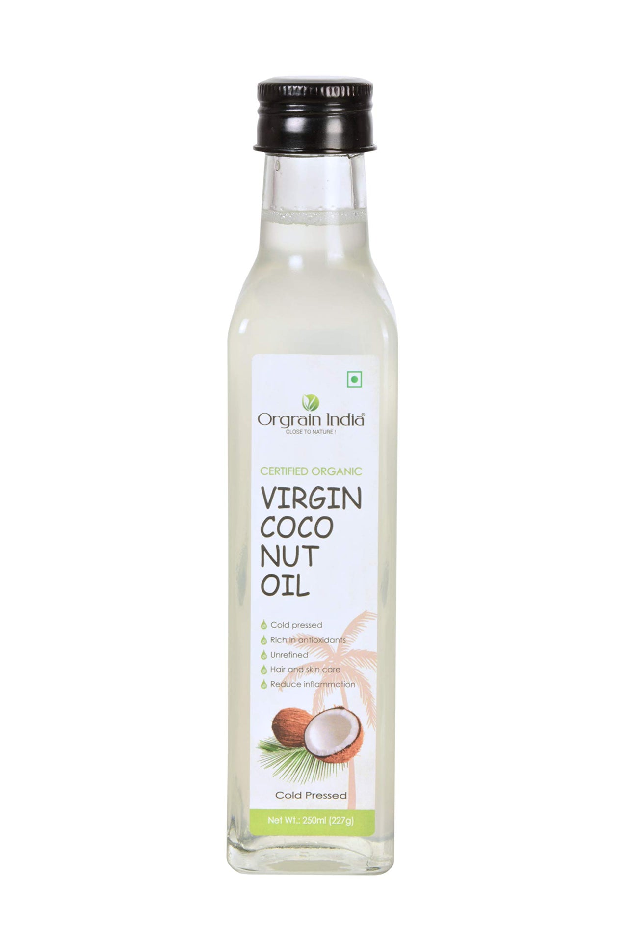 Orgrain India Certified Organic Raw Cold Pressed Extra Virgin Coconut Oil | Unrefined, Zero Heat Process, Supports Immunity, Hair & Skin, Massage, 100% Edible with Rich Tropical (250ml)