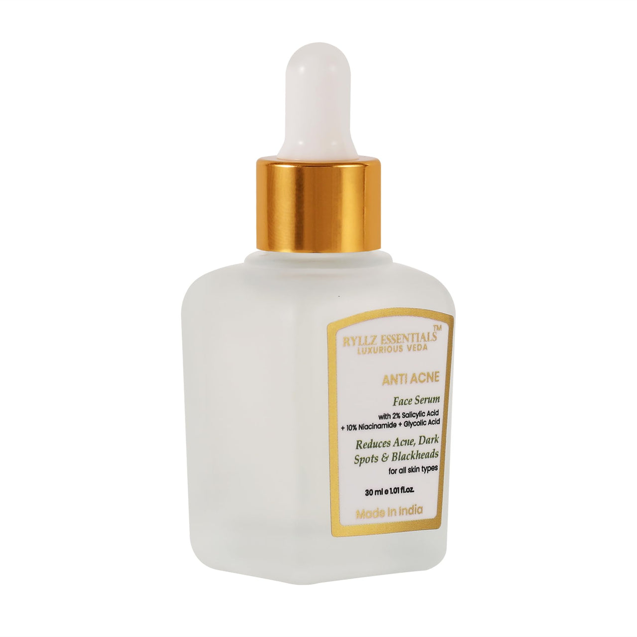 RYLLZ ESSENTIALS Anti-Acne Face Serum | with 2% Salicylic Acid, 10% Niacinamide, 3% Glycolic Acid, Hyaluronic Acid, Neem Extract & Basil Extract | For Acne, Blackheads, Dark Spots, Oil Control & Open Pores | 30ml