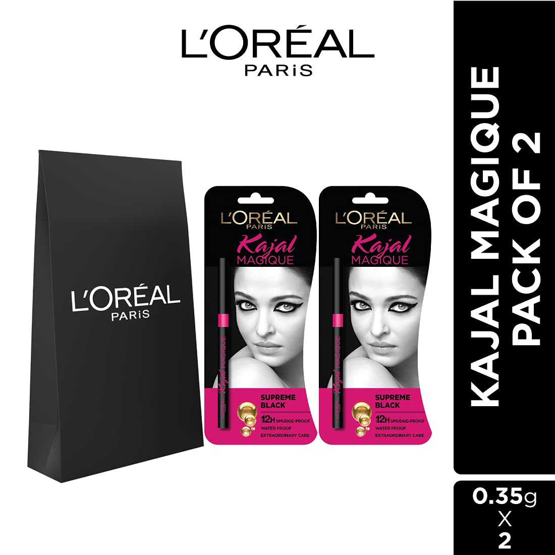 L'Oréal Paris Kajal, Waterproof Eyeliner, 14 Hours of Smudge-Proof Wear, With Vitamin E, Cocoa Butter, Olive Oil Esters and Vitamin C, Magique, Pack of 2, 0.35 + 0.35 gm