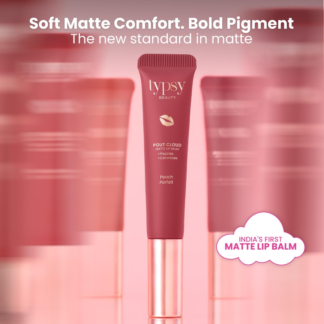 Typsy Beauty Pout Cloud Matte Lip Balm | Blurring Finish, Tinted Lip Balm with Peptides, Ceramides & Vitamin C & E | Rich colour payoff with long-lasting stain I Nude Brown - Iced Café Latte 03 | 8g