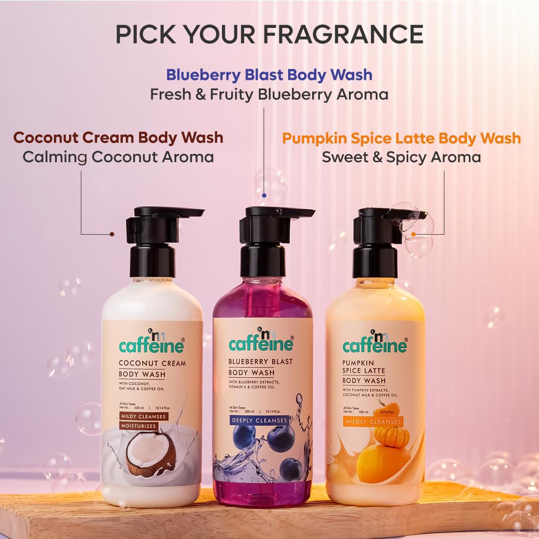 mCaffeine Body Wash with 3 Different Fragrances | Pure Bliss for Soft, Aromatic Skin Coconut Cream, Pumpkin Spice Latte & Blueberry Blast Shower Gel Trio For Both Women and Men -300 ml Each