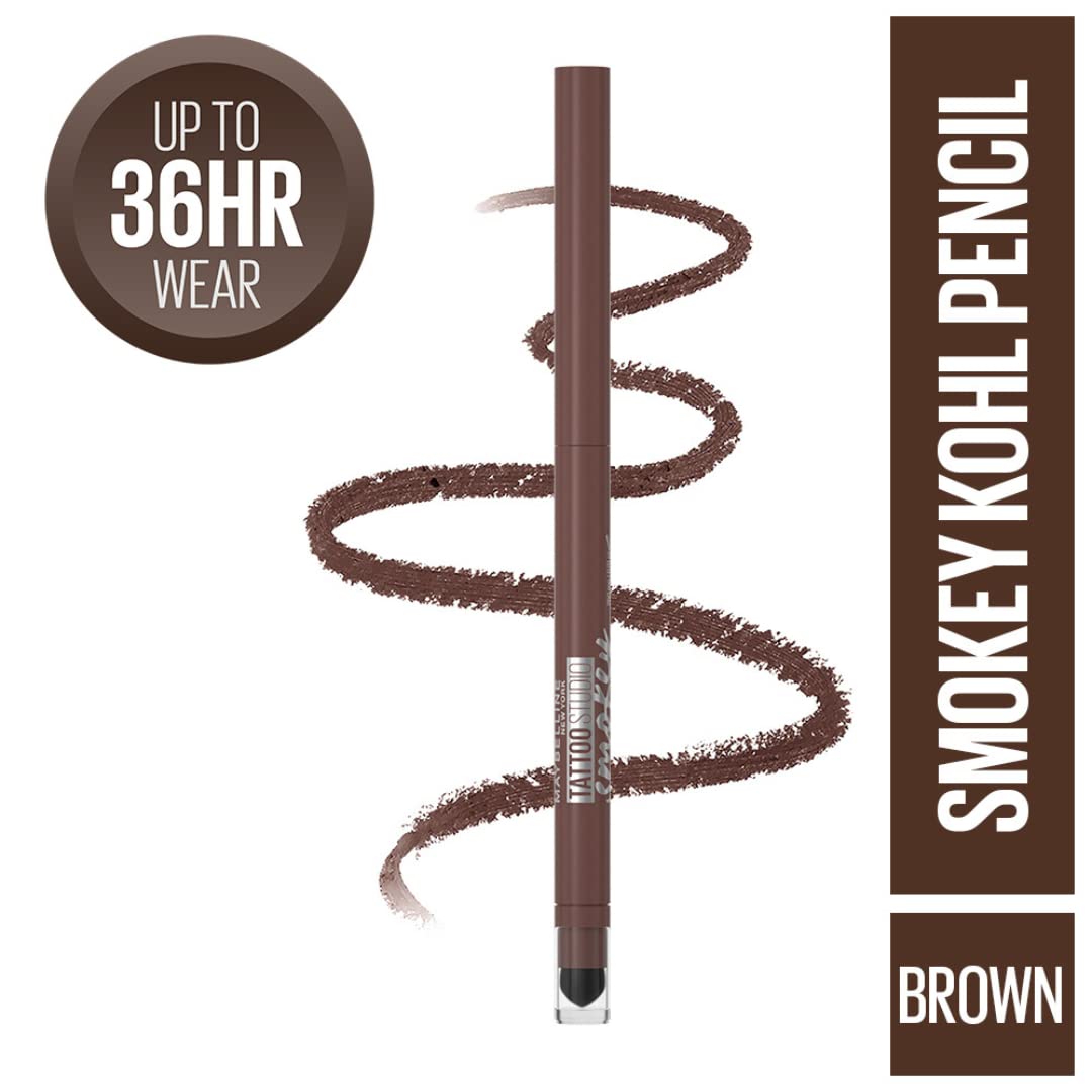 Maybelline New York Tattoo Studio Smokey Eye Kohl Gel Pencil Eyeliner,Smokey Brown Eyeliner, Smudge-Proof And Waterproof, Long-Lasting, Colossal Bold Liner, Black, 3G,Matte Finish