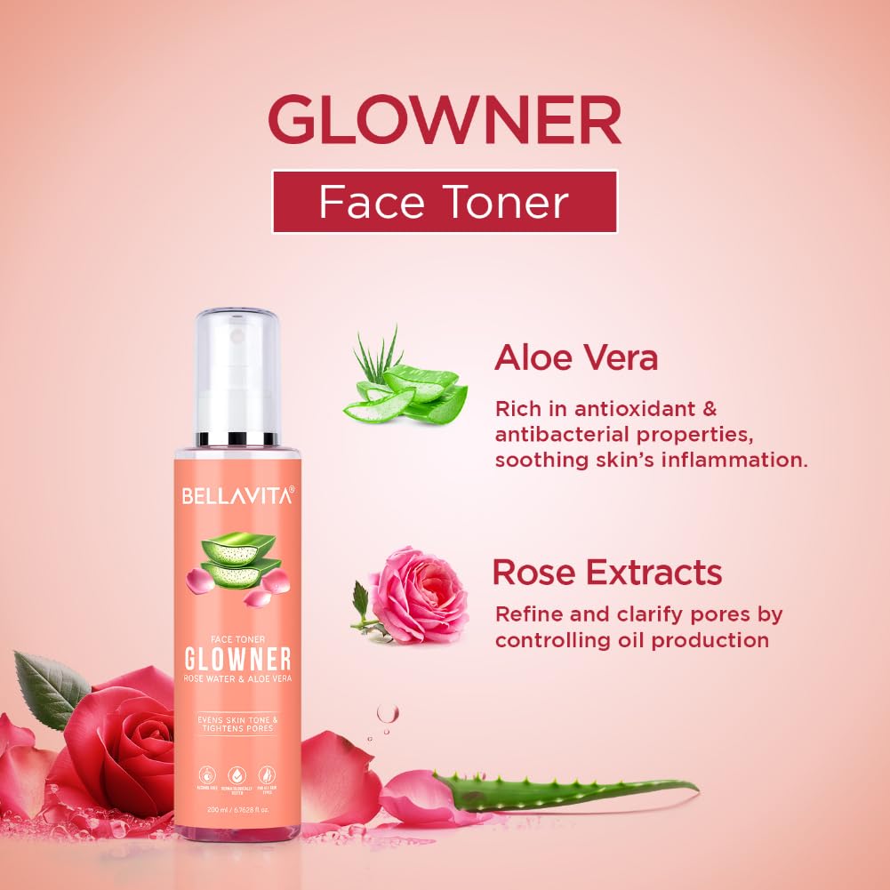 Bella Vita Organic Glowner Face Toner, Alcohol free, Rose Water 200ml Pore Minimizing Tightening Natural Toner Spray for Glowing Skin - All Skin Types