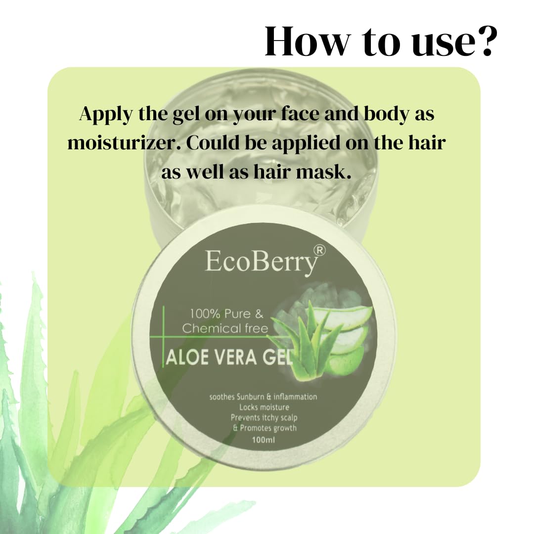 EcoBerry Pure & Chemical Free Aloe Vera Gel, Soothes Skin, Sun burn, Anti-Ageing, Reduces Dandruff, Antioxidant Rich, Anti-inflammatory, Natural & Handmade, Paraben Free, Vegan, 100ml