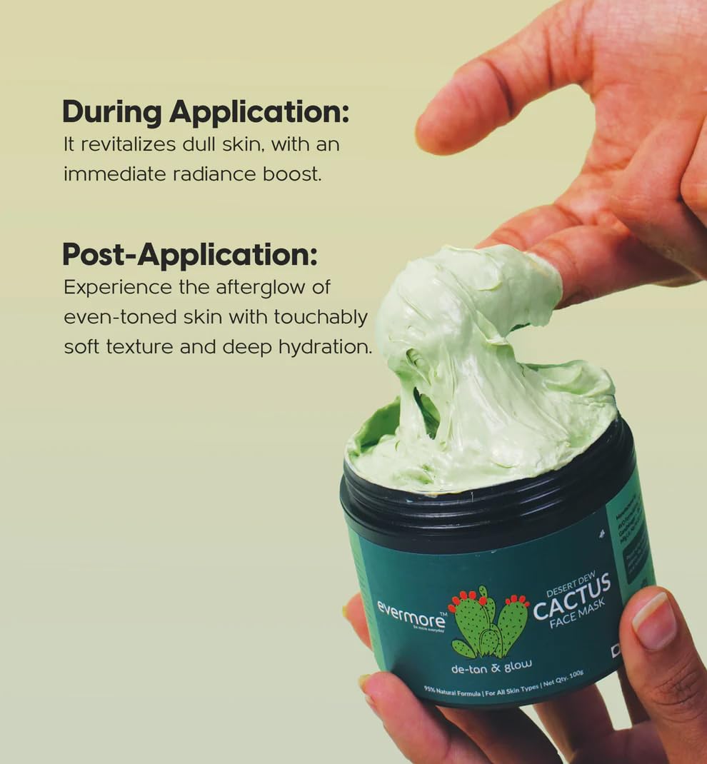 Evermore Mexican Cactus De-Tan Face Mask for Glowing Skin | Kaolin Clay, Kojic Acid, Niacinamide | Removes Tan, Deep Cleanses Pores, Controls Oil, Hydrates & Soothes | For All Skin Types - 100g (Pack of 1)