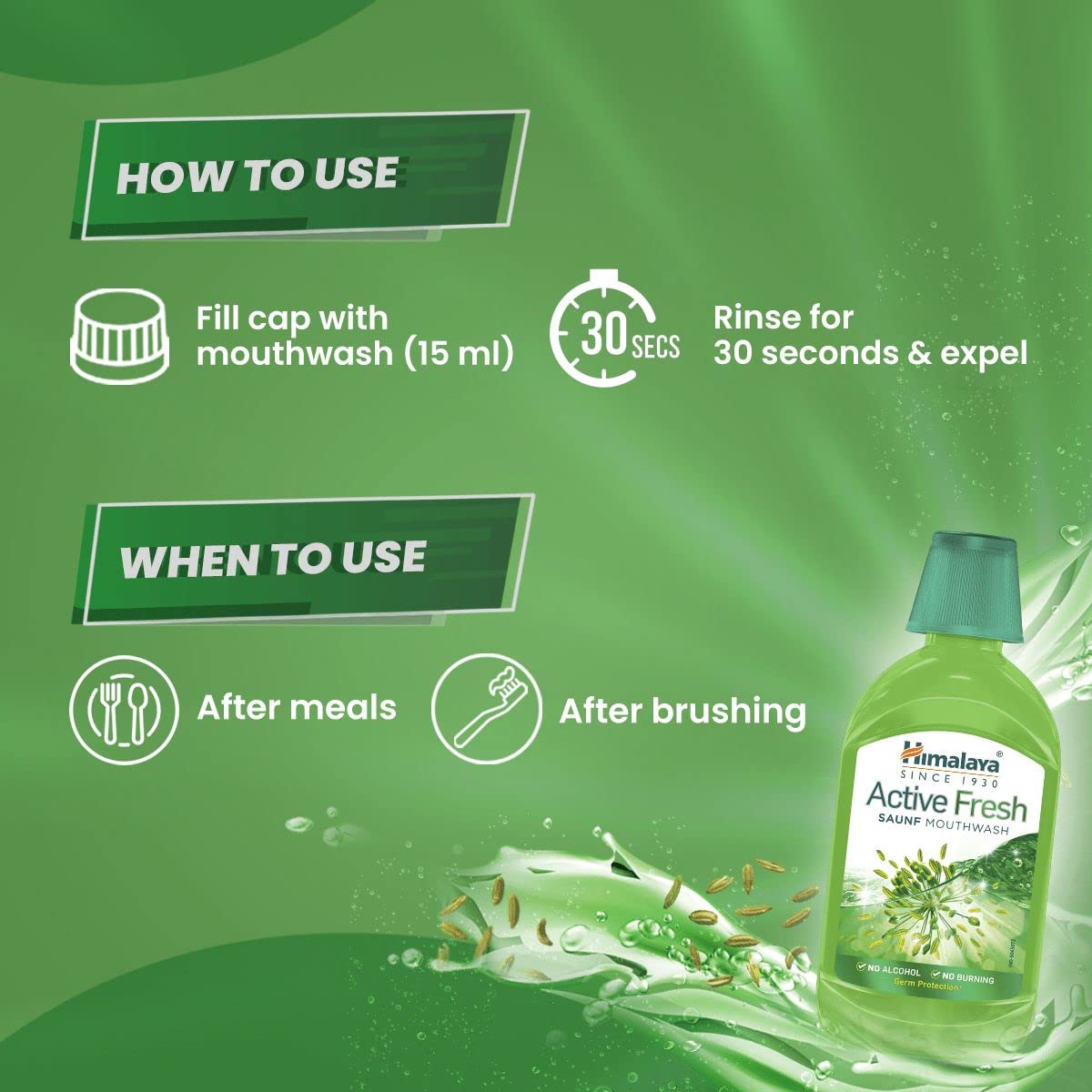 Himalaya Active Fresh Saunf Mouthwash 215ml -No Alcohol- Removes 99.9% Germs,12hr Germ Protection