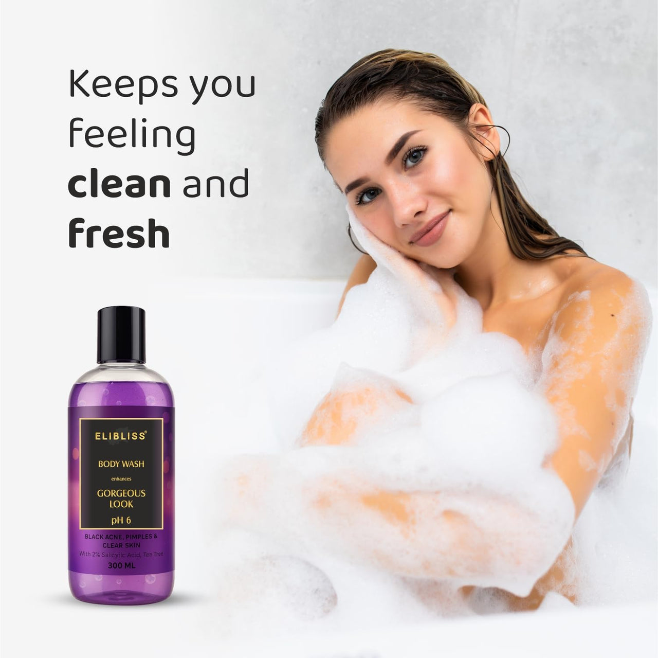 Elibliss Enhances Gorgeous Look Body Wash with 2% Salicylic & Tea Tree | Anti-Acne Cleanser for Black Acne & Pimples | pH 6 Balanced Formula for Clear Skin | Daily Body Wash 300ml