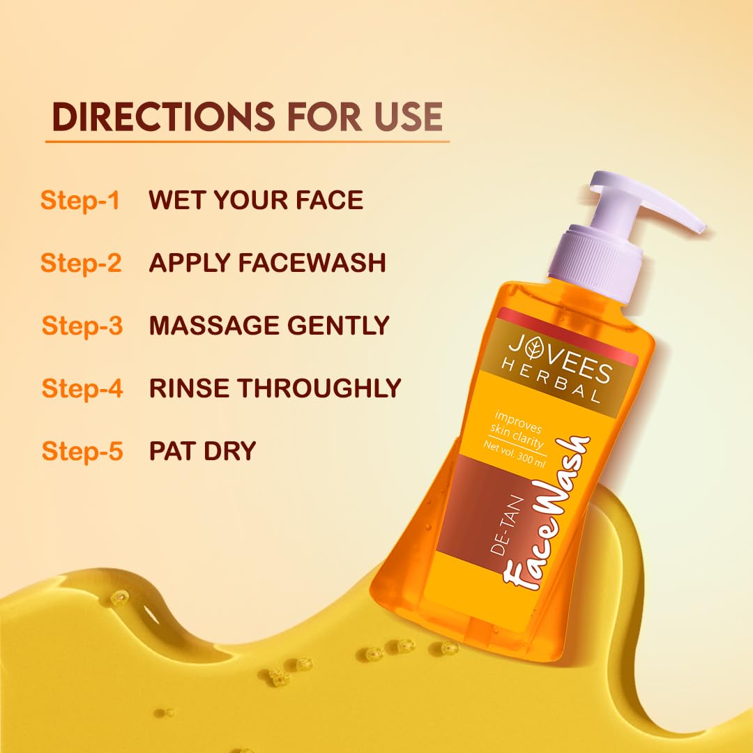 Jovees Herbal Detan Facewash For Glowing and Clear Skin With Liquorice & bearberry Ext. | Gentle Cleanser For Brighten, Even Tone and Hydrates Skin | Suitable for All Skin Types - 300ml