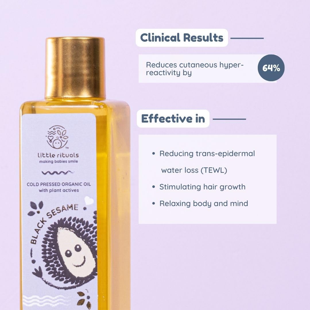Little Rituals BLACK SESAME Baby Massage Oil and Hair oil, Cold Pressed and Certified ORGANIC with SWISS Plant Actives. Dermatologist Tested by Pediatrics, Mild & Gentle & Safe (100 ML)