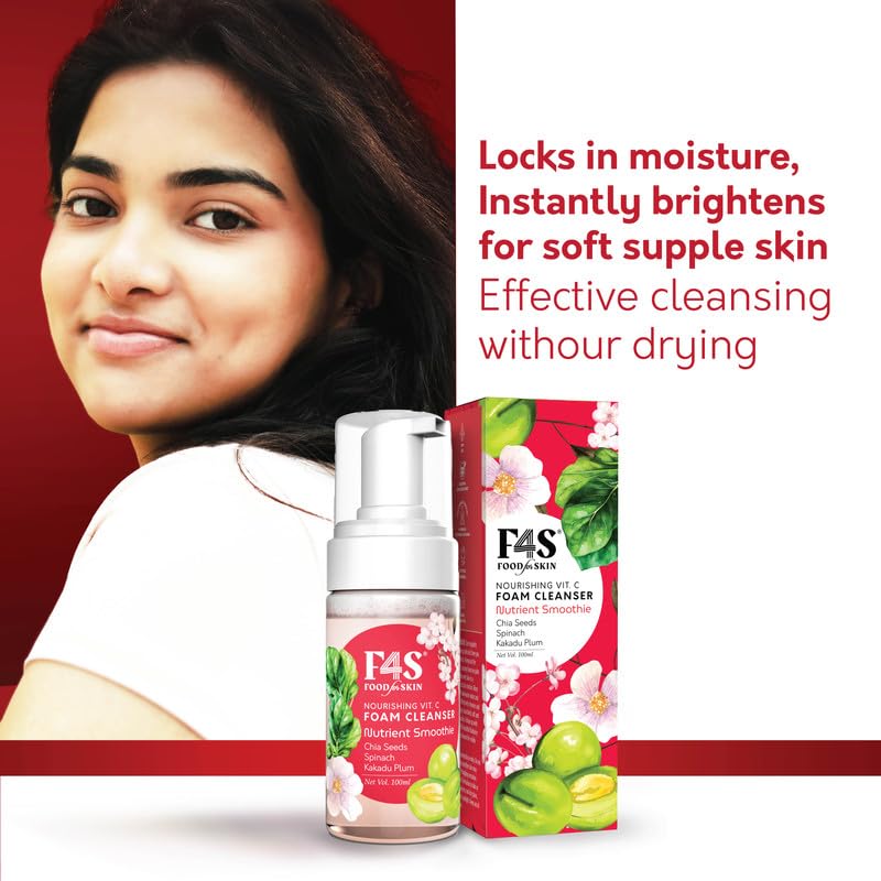 F4S Food for Skin Nourishing Face Foam Cleanser |Rich in Superfoods Kakadu Plum, Chia seeds, Spinach | Vitamin C& Anti-oxidants | Gentle cleansing |Skin Hydration & Brightening | All Skin Types |100ml