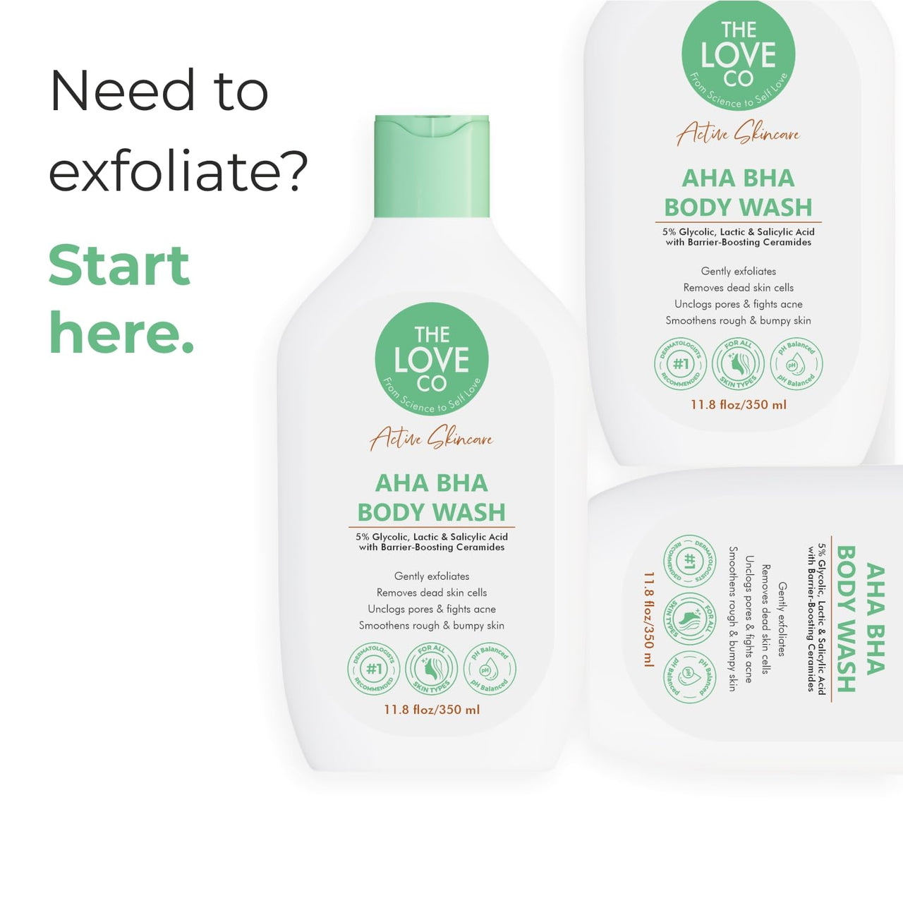 THE LOVE CO. AHA BHA Body Wash | 5% Glycolic, Lactic & Salicylic Acid | Gently Exfoliates, Fights Acne & Unclogs Pores | With Barrier-Boosting Ceramides | Sulphate-Free | Unisex | 350ml