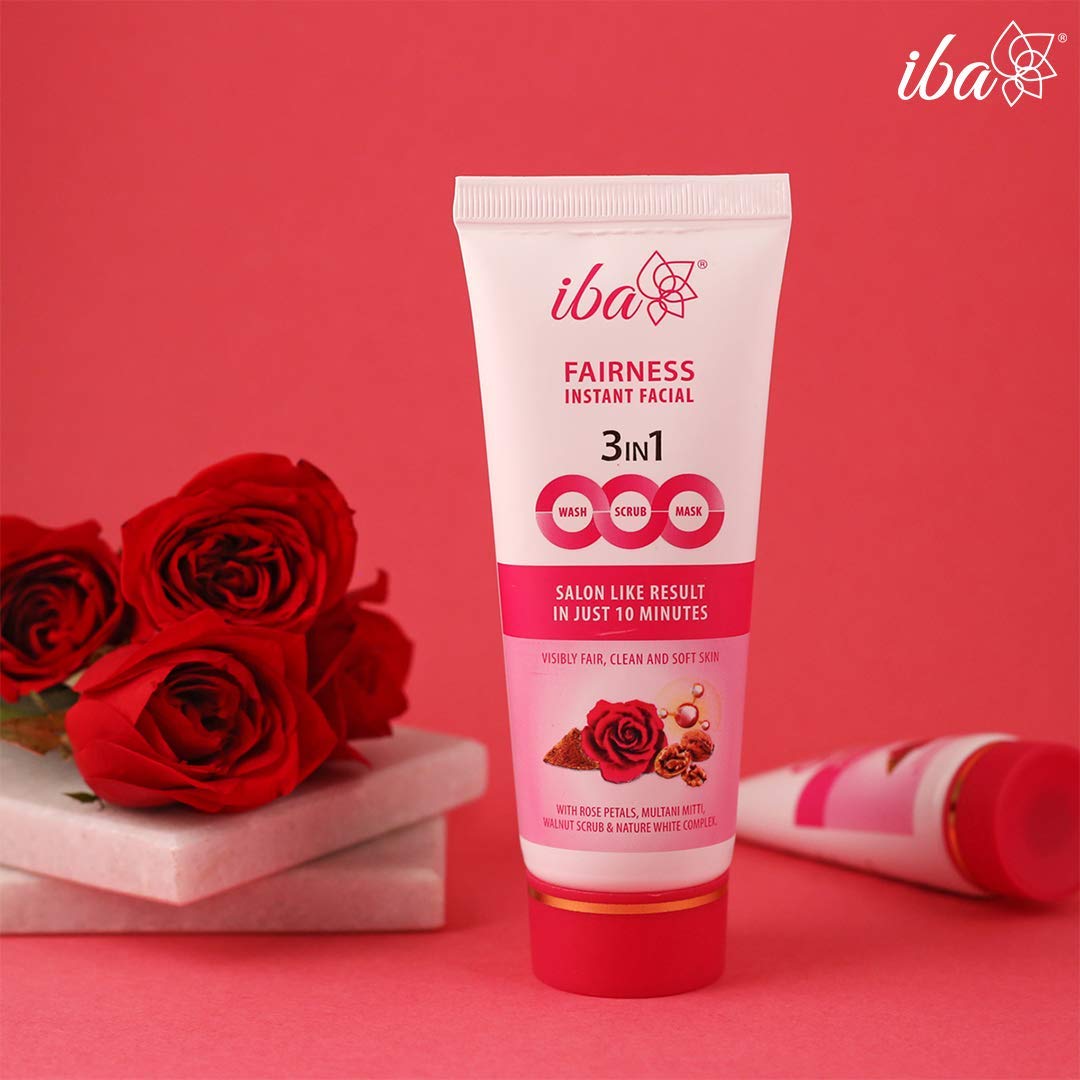 Iba 3in1 Wash, Scrub, Mask Fairness Instant Facial 100g with Rose Petals, Multani Mitti & Walnut For Scrub, Removes Tan, Fairness & Brightens Skin, Gives Instant Glow | Halal Certified & Vegan