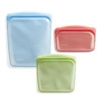 Stasher Reusable Silicone Storage Bag, Food Storage Container, Microwave and Dishwasher Safe, Leak-free, Bundle 3-Pack, Blue + Red + Green Green + Red + Blue
