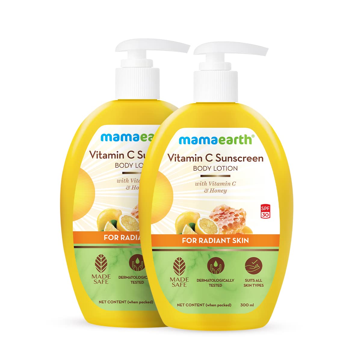 Mamaearth Vitamin C Sunscreen Body Lotion For All Skin Types Body Lotion Spf 30 With Vitamin C & Honey For Radiant Skin -300 Ml (Pack Of 2)