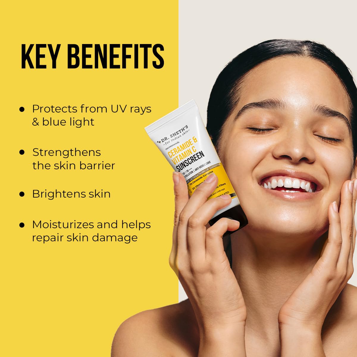 Dr. Sheth's Ceramide & Vitamin C Sunscreen | SPF 50+ Pa+++ | In-Vivo Tested | For Bright Skin & Healthy Glow | Non-Greasy, Quick-Absorbing, No White Cast | UVA/B & Bluelight Protection | For Men & Women | For All Skin Type | 50 g