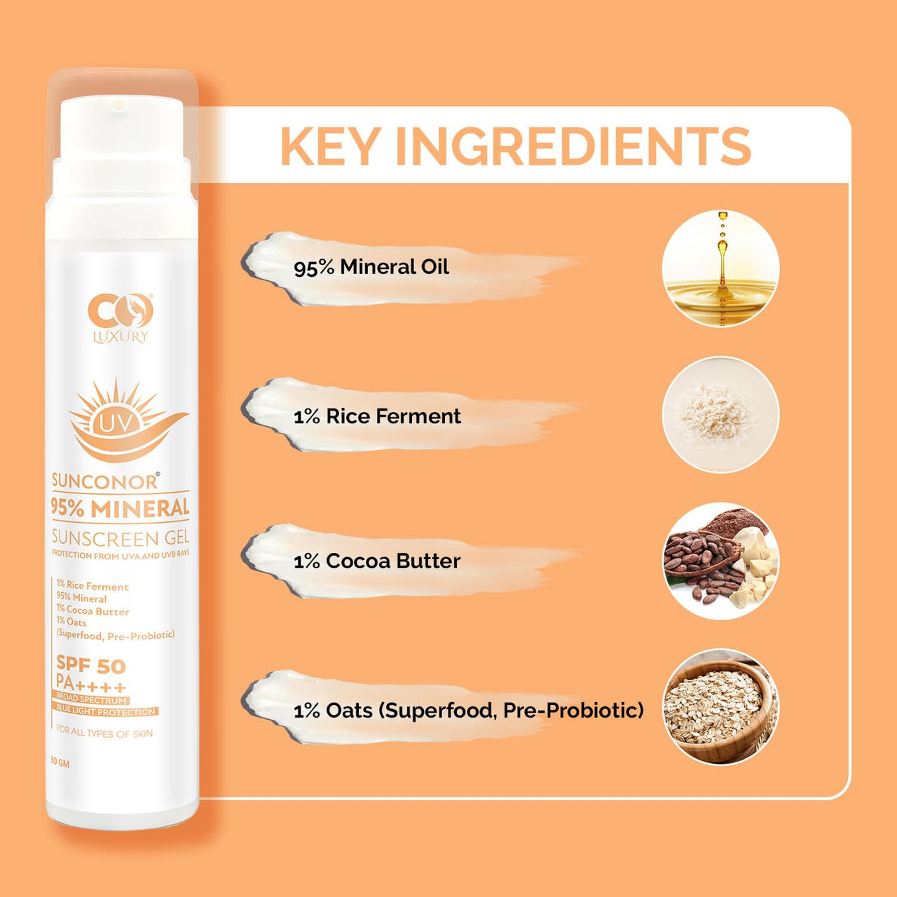 CO LUXURY SPF 50 PA++++ 95% Mineral Sunscreen | Water Resistant Upto 8 hours | Non-greasy | Lightweight | No White Cast | Broad spectrum | Dermatologist Prescribed | For Sensitive skin |50gm